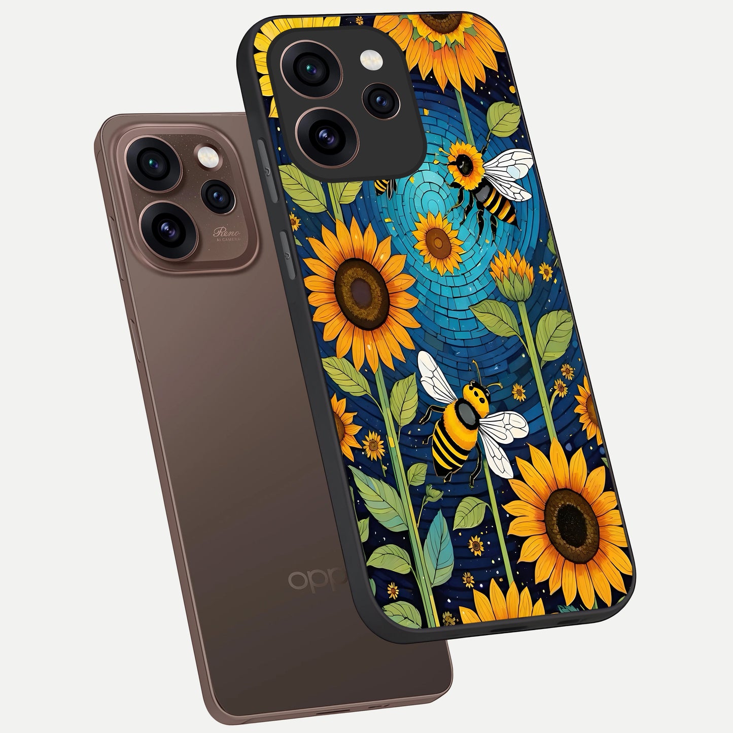  Bees And Sunflowers phone case For Oppo Reno 15 Pro showing premium glass back cover with detailed artwork