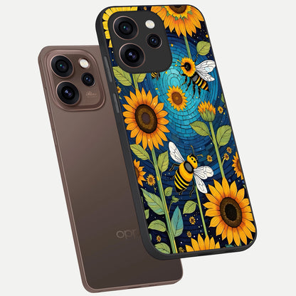 Bees And Sunflowers phone case For Oppo Reno 15 Pro showing premium glass back cover with detailed artwork