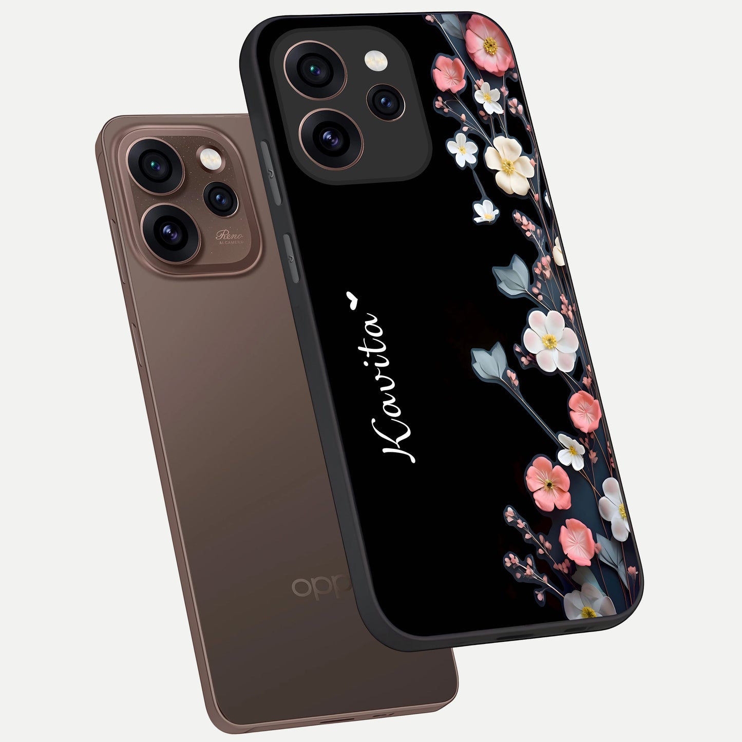  Black Elegance Floral Custom Name phone case For Oppo Reno 15 Pro showing premium glass back cover with detailed artwork