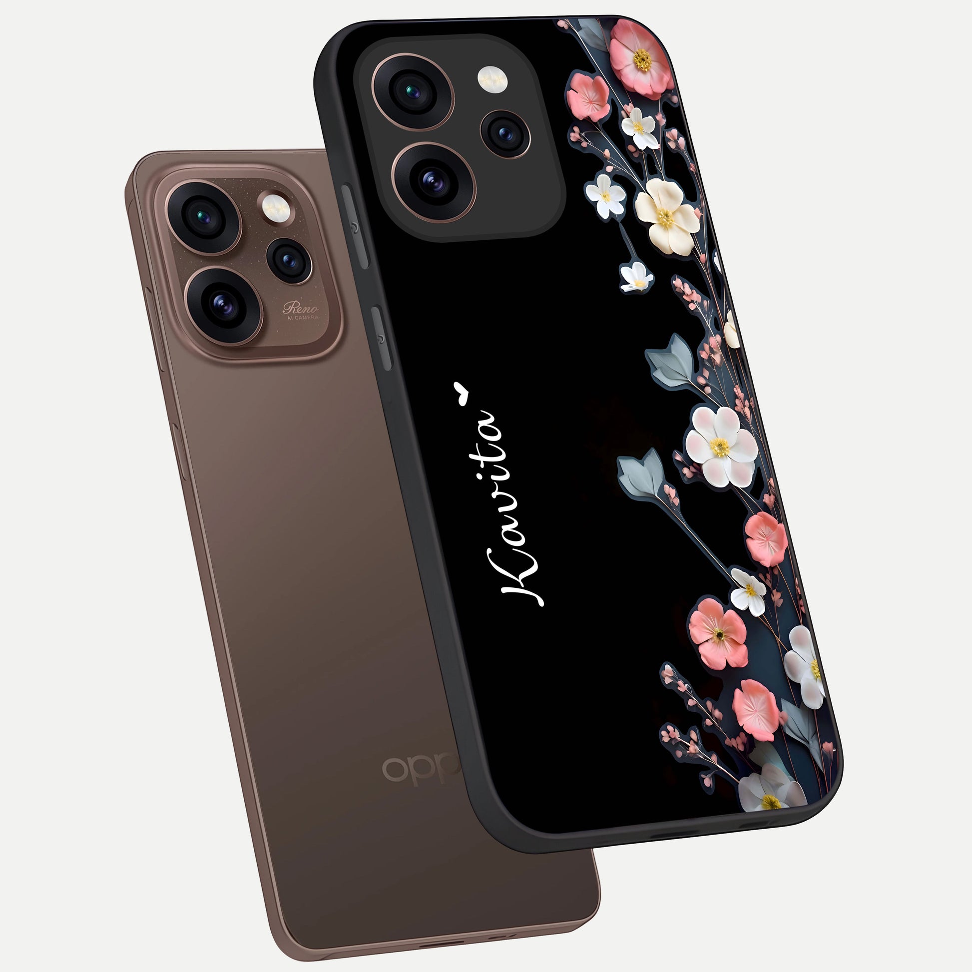  Black Elegance Floral Custom Name phone case For Oppo Reno 15 Pro showing premium glass back cover with detailed artwork