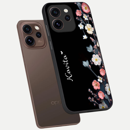  Black Elegance Floral Custom Name phone case For Oppo Reno 15 Pro showing premium glass back cover with detailed artwork