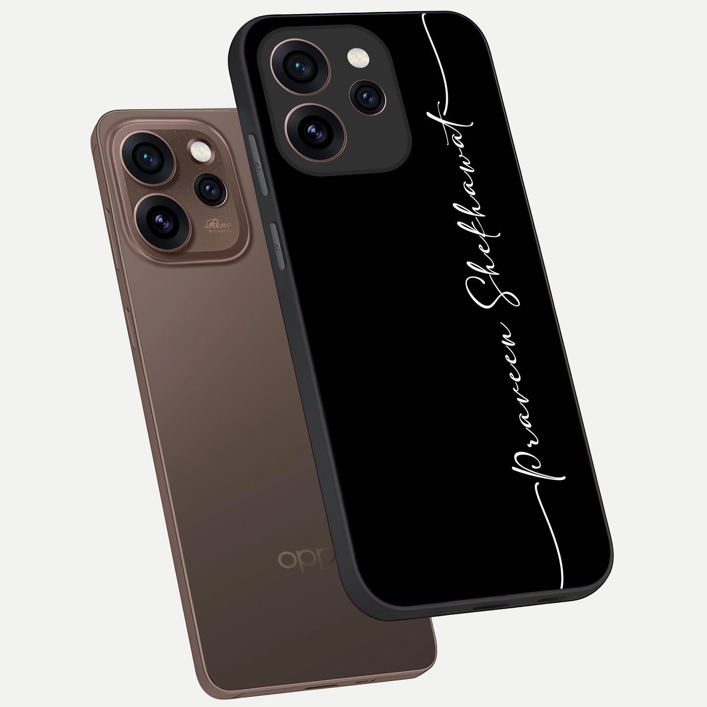  Black Tune Custom Name phone case For Oppo Reno 15 Pro showing premium glass back cover with detailed artwork