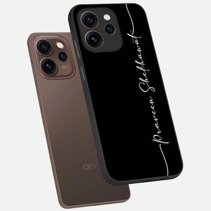  Black Tune Custom Name phone case For Oppo Reno 15 Pro showing premium glass back cover with detailed artwork