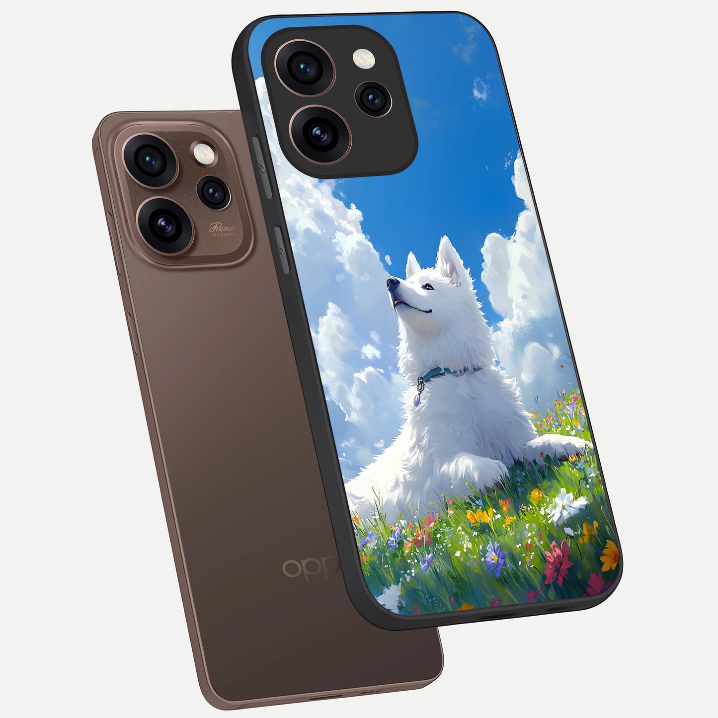  Blissful Cloud Pup phone case For Oppo Reno 15 Pro showing premium glass back cover with detailed artwork