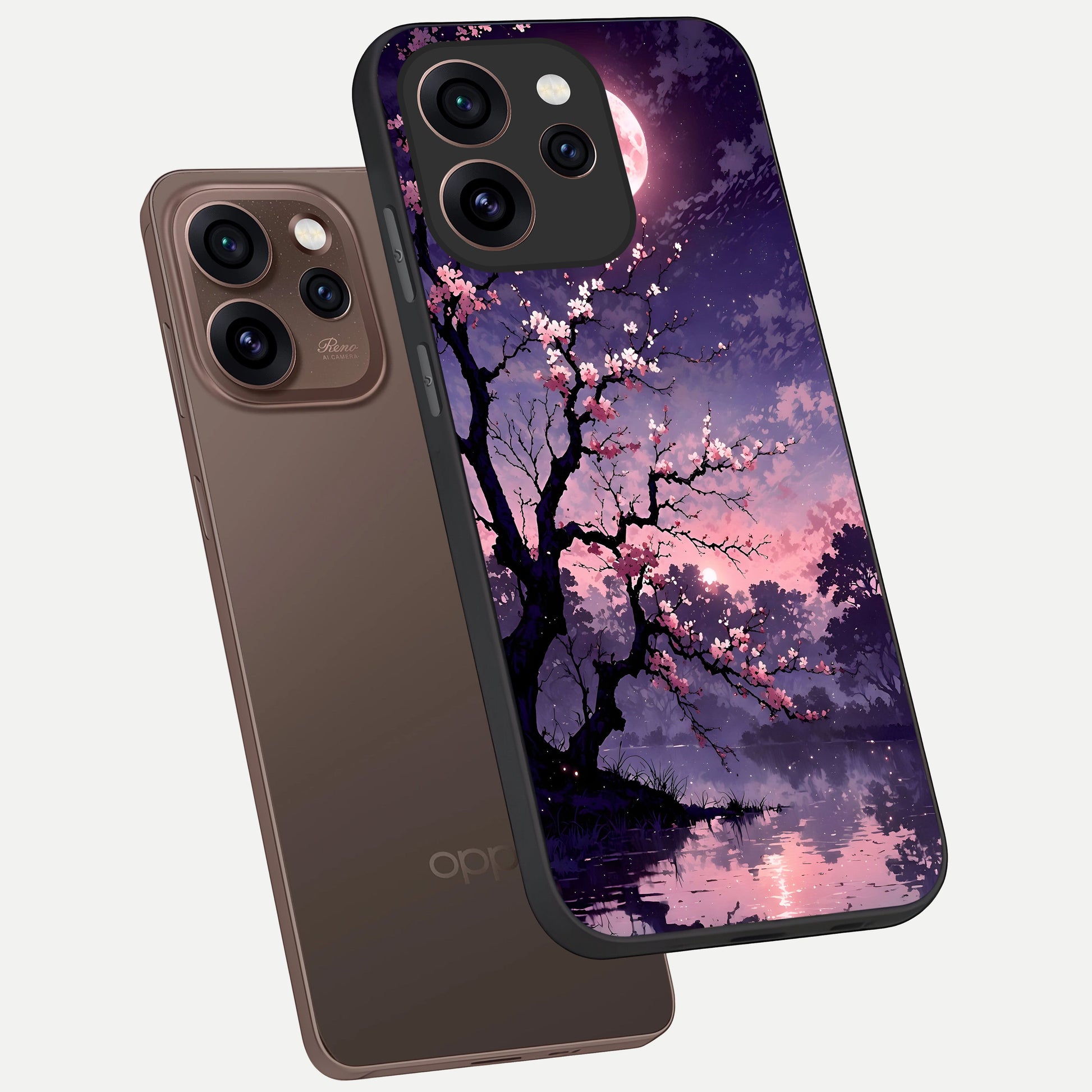  Blossom Pink Moon phone case For Oppo Reno 15 Pro showing premium glass back cover with detailed artwork