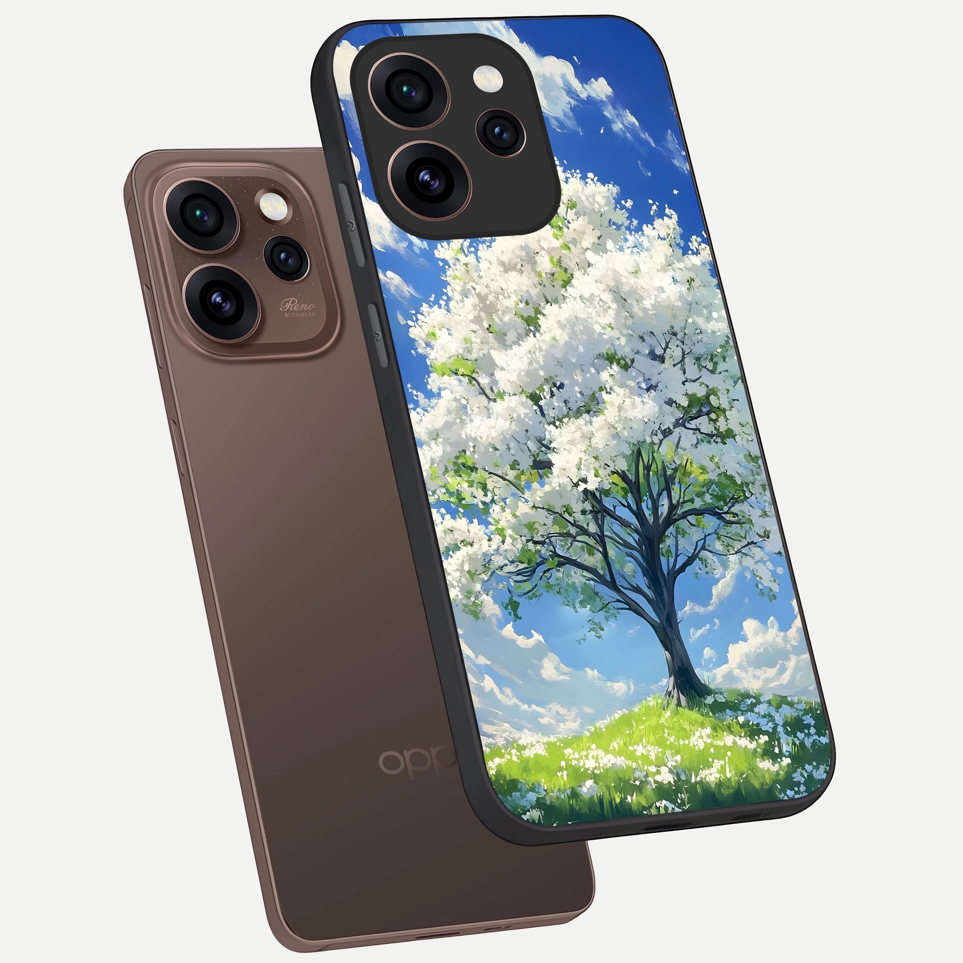 Blossom Sky Serenity phone case For Oppo Reno 15 Pro showing premium glass back cover with detailed artwork