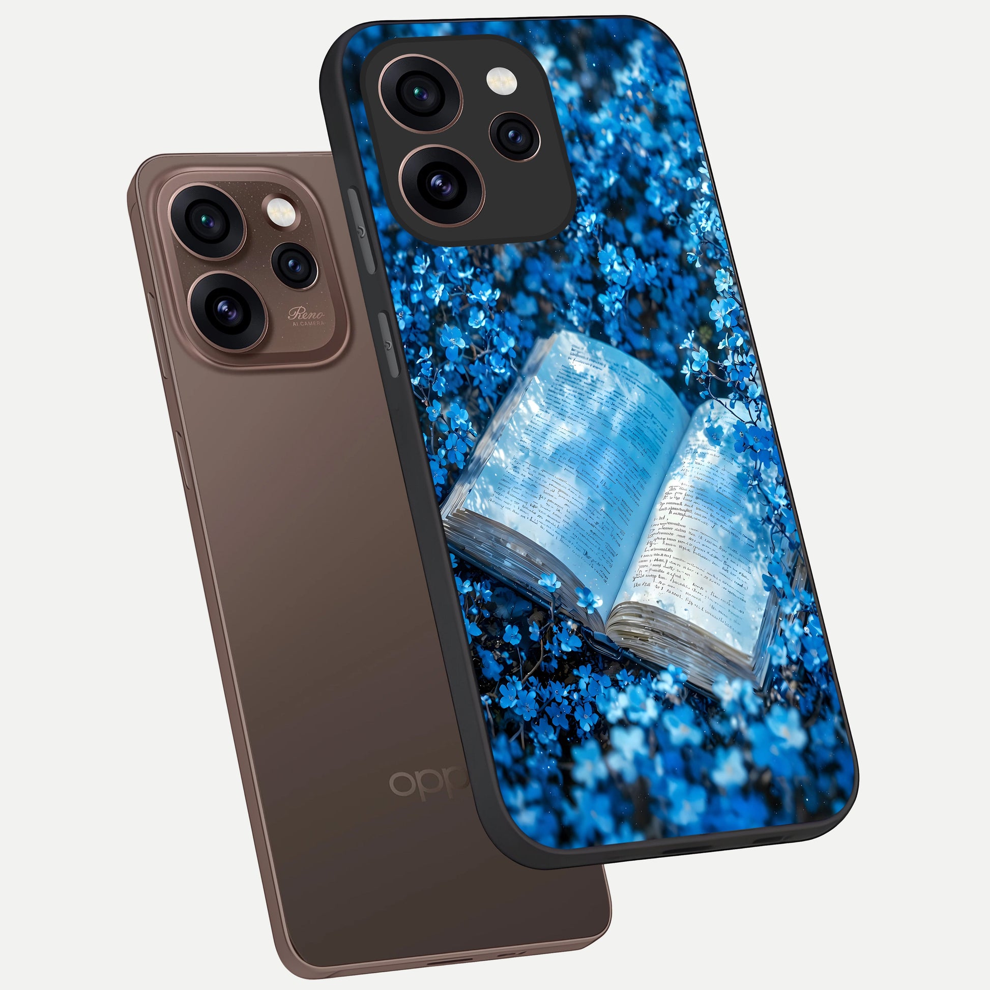  Blue Bloom Tales phone case For Oppo Reno 15 Pro showing premium glass back cover with detailed artwork