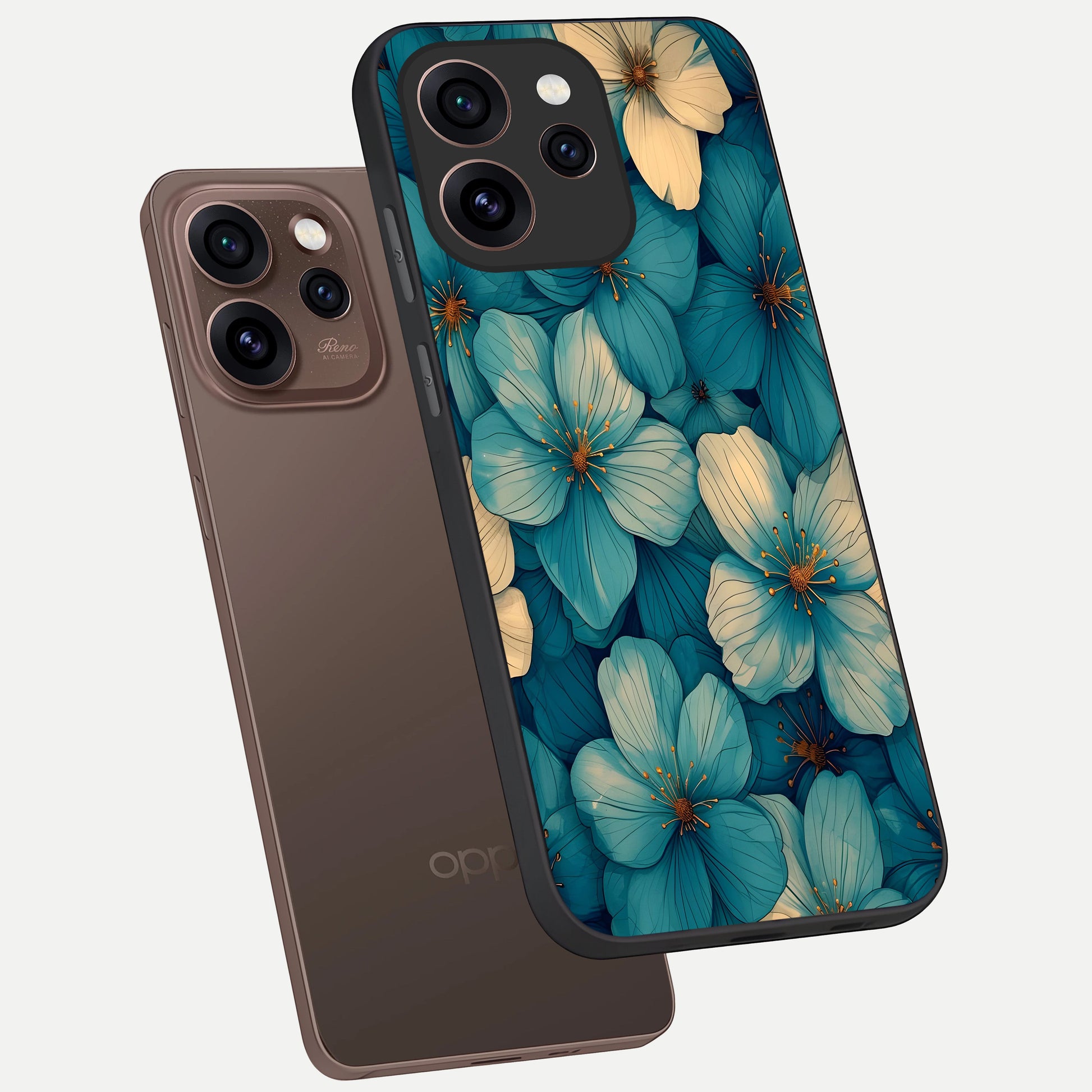  Blue Shade Floral phone case For Oppo Reno 15 Pro showing premium glass back cover with detailed artwork