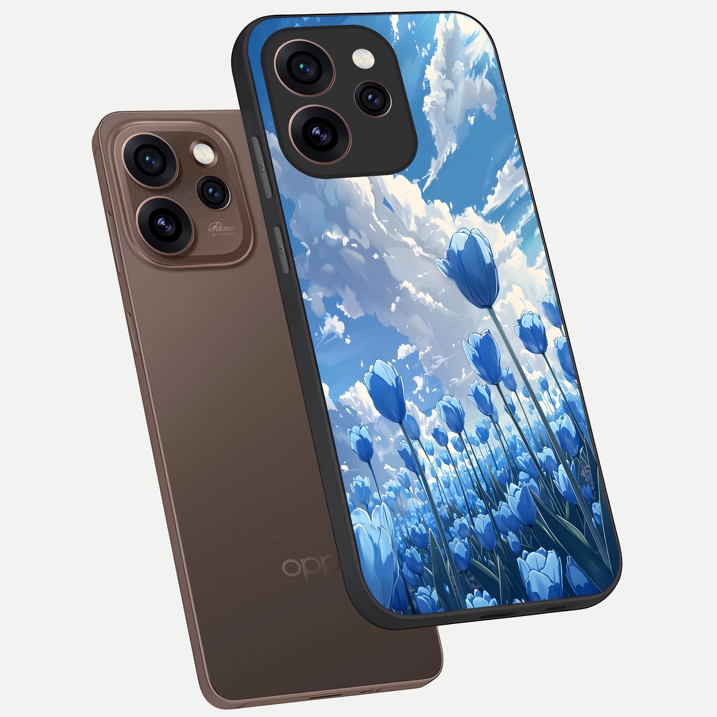  Blue Tulip Clouds phone case For Oppo Reno 15 Pro showing premium glass back cover with detailed artwork