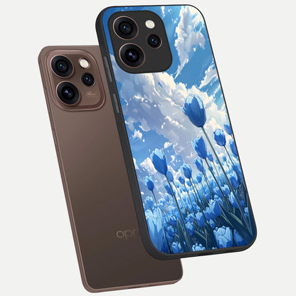  Blue Tulip Clouds phone case For Oppo Reno 15 Pro showing premium glass back cover with detailed artwork
