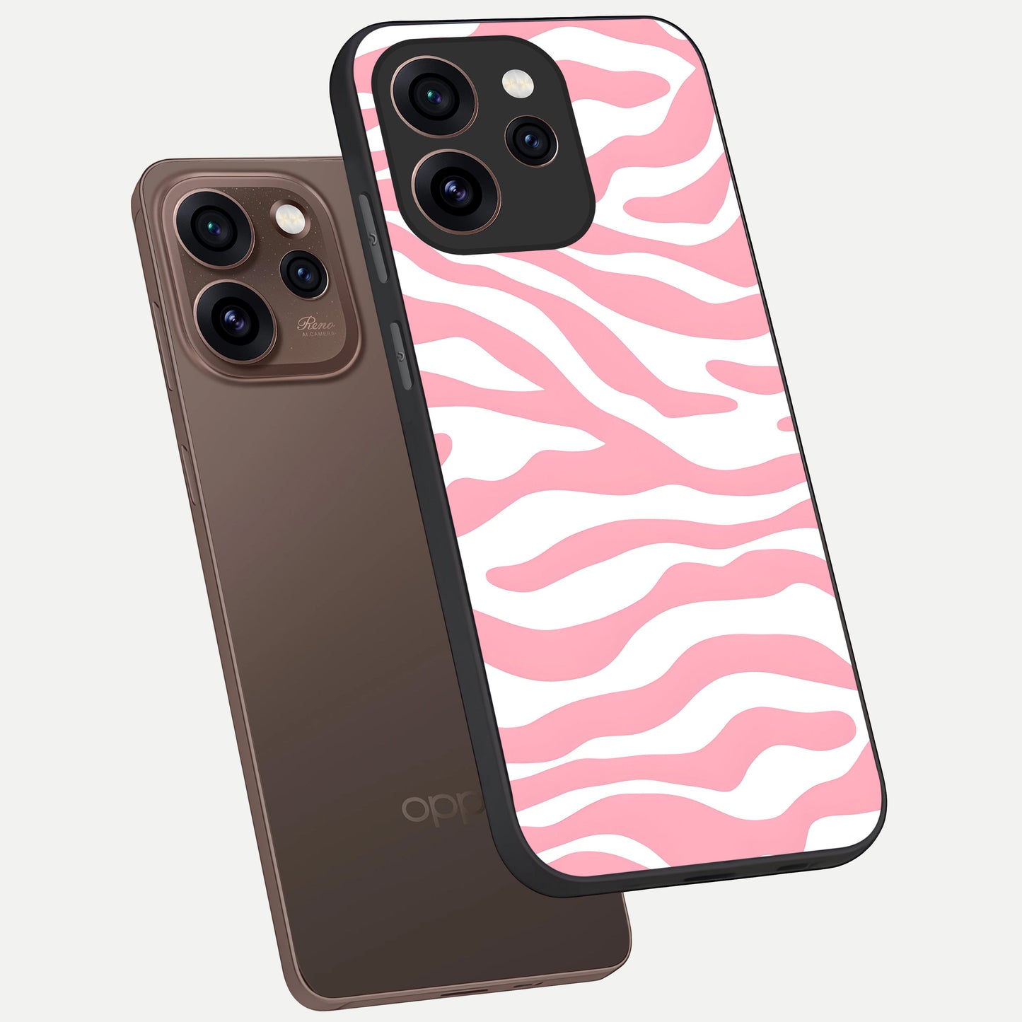  Blush Zebra Flow phone case For Oppo Reno 15 Pro showing premium glass back cover with detailed artwork