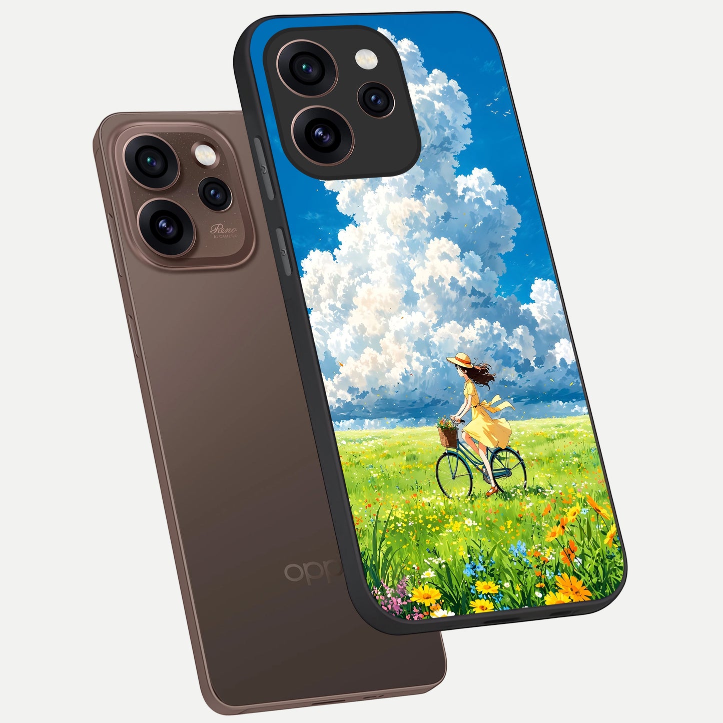  Breezy Meadow Ride phone case For Oppo Reno 15 Pro showing premium glass back cover with detailed artwork