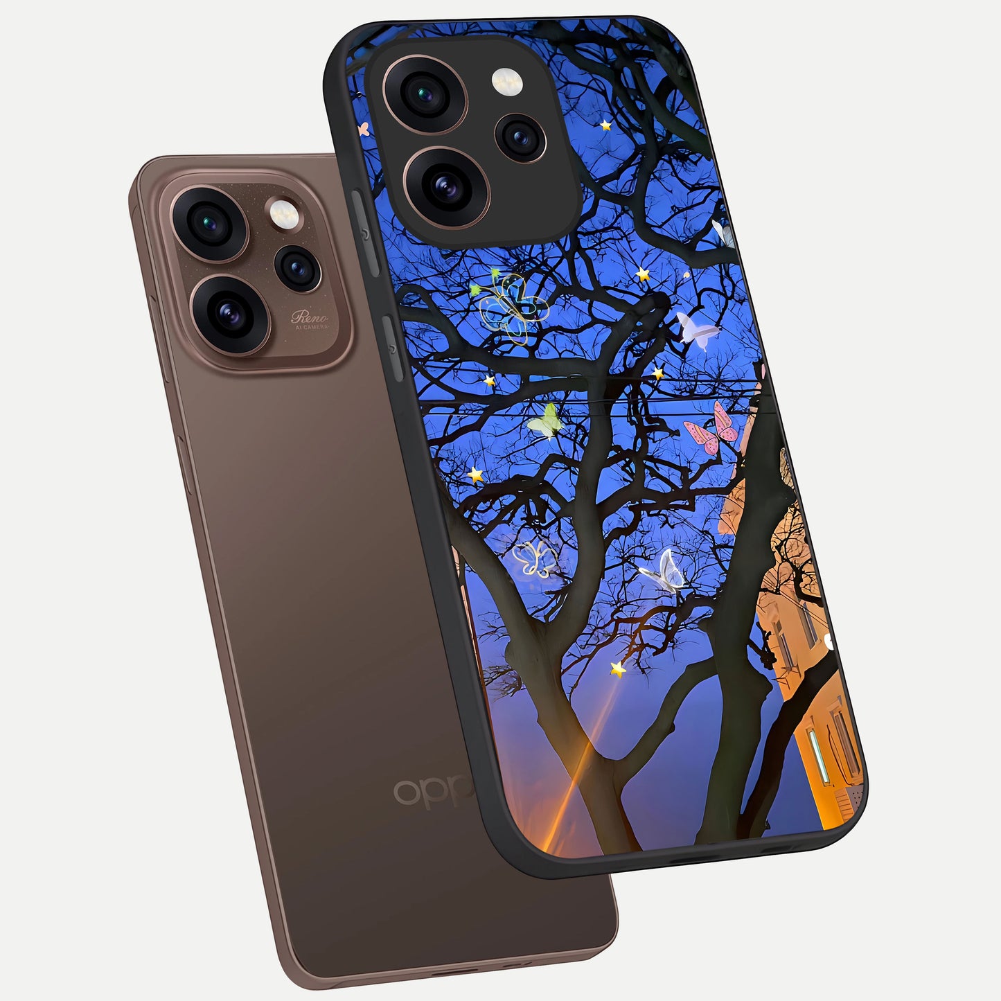  Butterfly Night Magic phone case For Oppo Reno 15 Pro showing premium glass back cover with detailed artwork