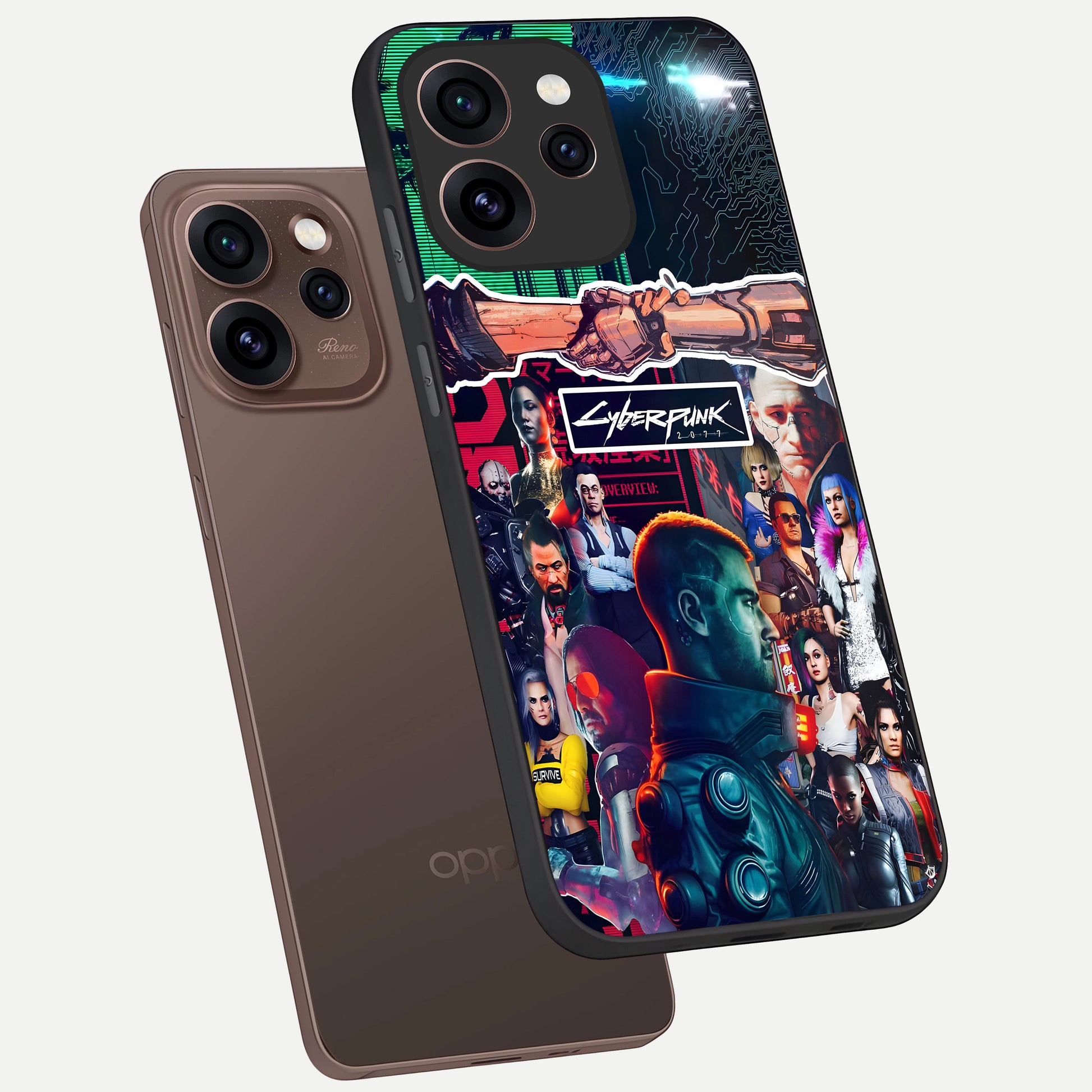  CYBERPUNK Legacy phone case For Oppo Reno 15 Pro showing premium glass back cover with detailed artwork