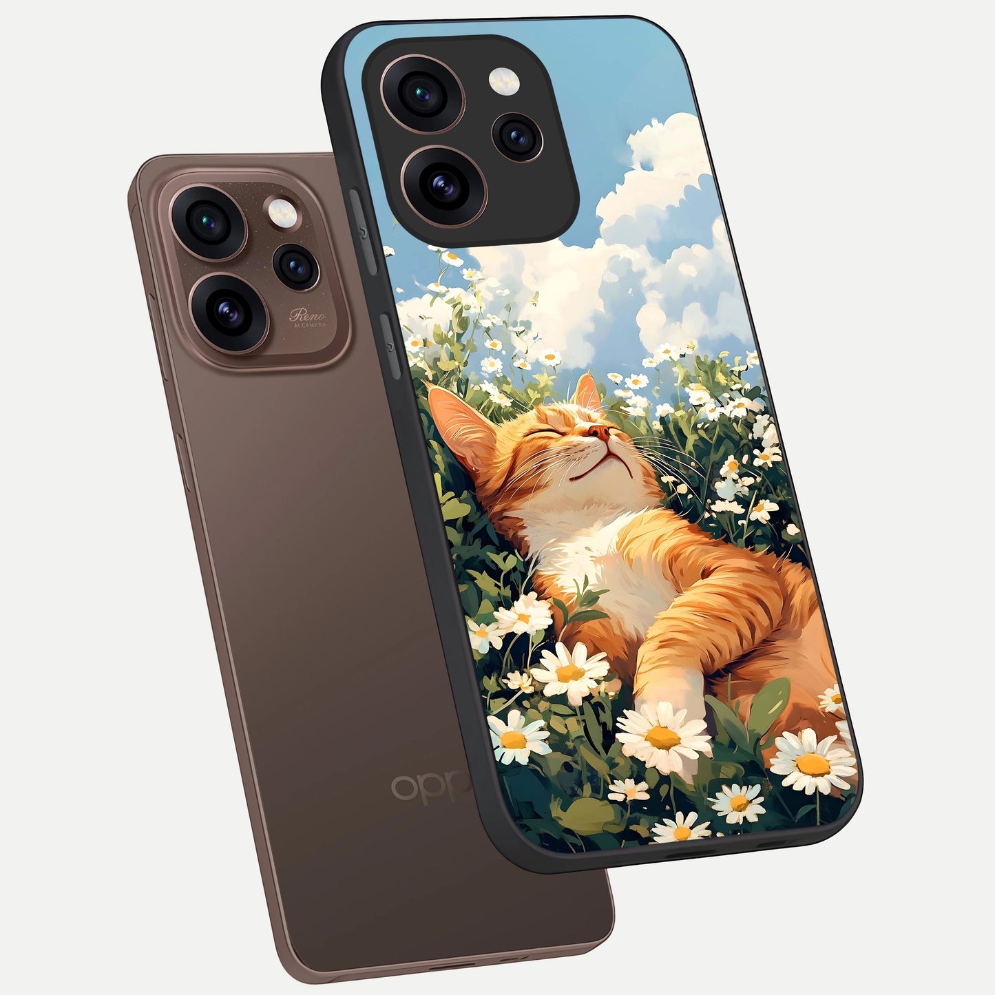  Cat And Flowers View phone case For Oppo Reno 15 Pro showing premium glass back cover with detailed artwork