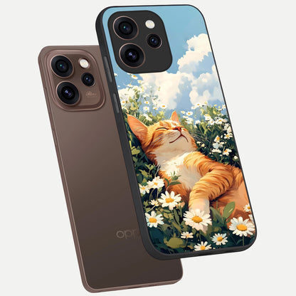  Cat And Flowers View phone case For Oppo Reno 15 Pro showing premium glass back cover with detailed artwork
