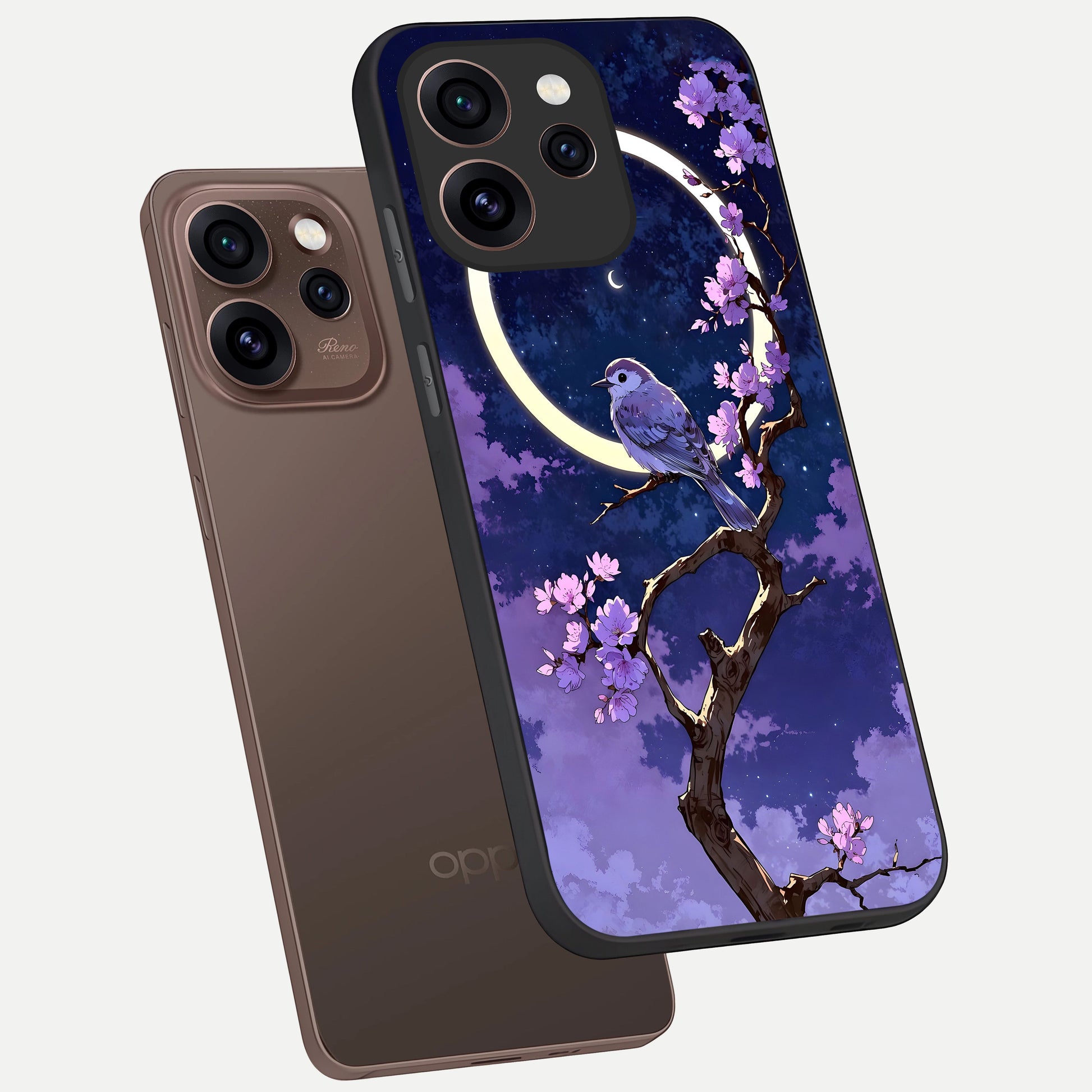  Celestial Bird Blossom phone case For Oppo Reno 15 Pro showing premium glass back cover with detailed artwork
