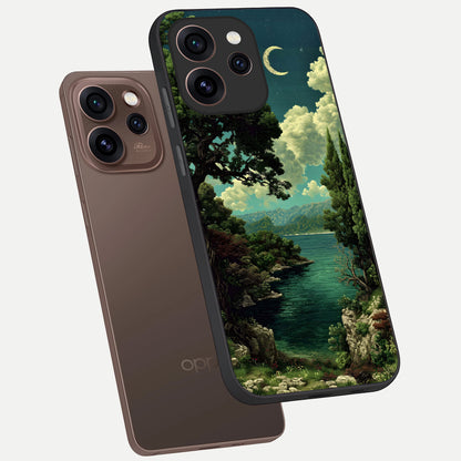  Celestial Lake Peace phone case For Oppo Reno 15 Pro showing premium glass back cover with detailed artwork