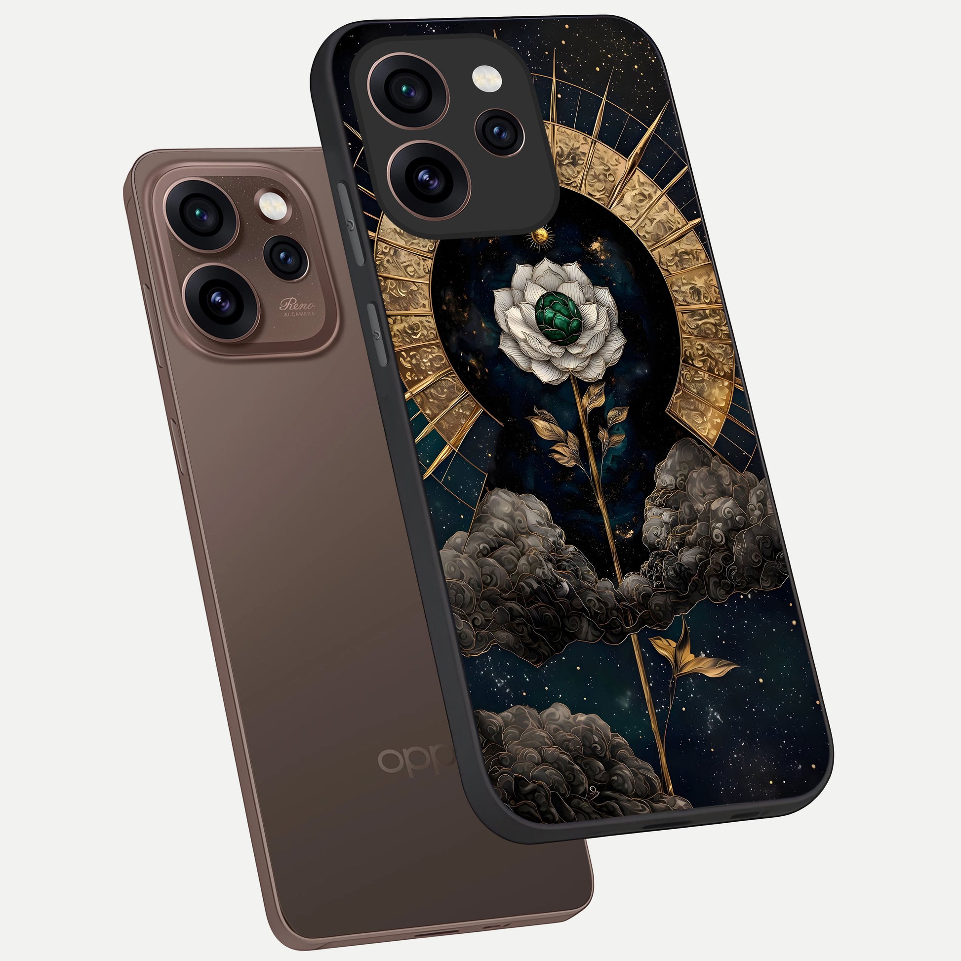  Celestial Lotus Morang phone case For Oppo Reno 15 Pro showing premium glass back cover with detailed artwork