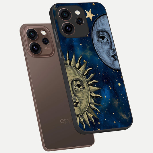  Celestial Moon With Sun phone case For Oppo Reno 15 Pro showing premium glass back cover with detailed artwork