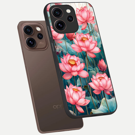  Celestial Pink Lotus phone case For Oppo Reno 15 Pro showing premium glass back cover with detailed artwork