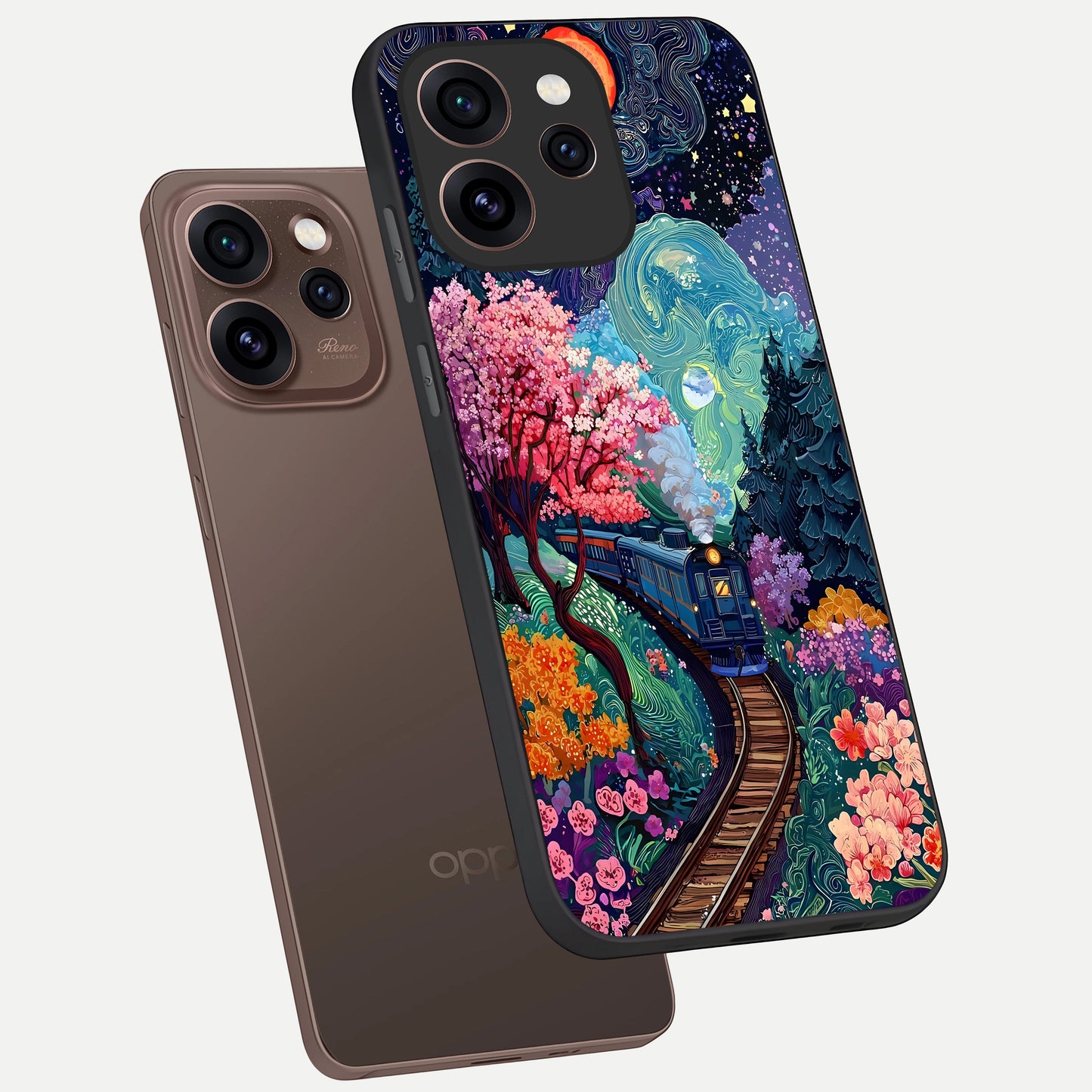  Celestial Train Journey phone case For Oppo Reno 15 Pro showing premium glass back cover with detailed artwork