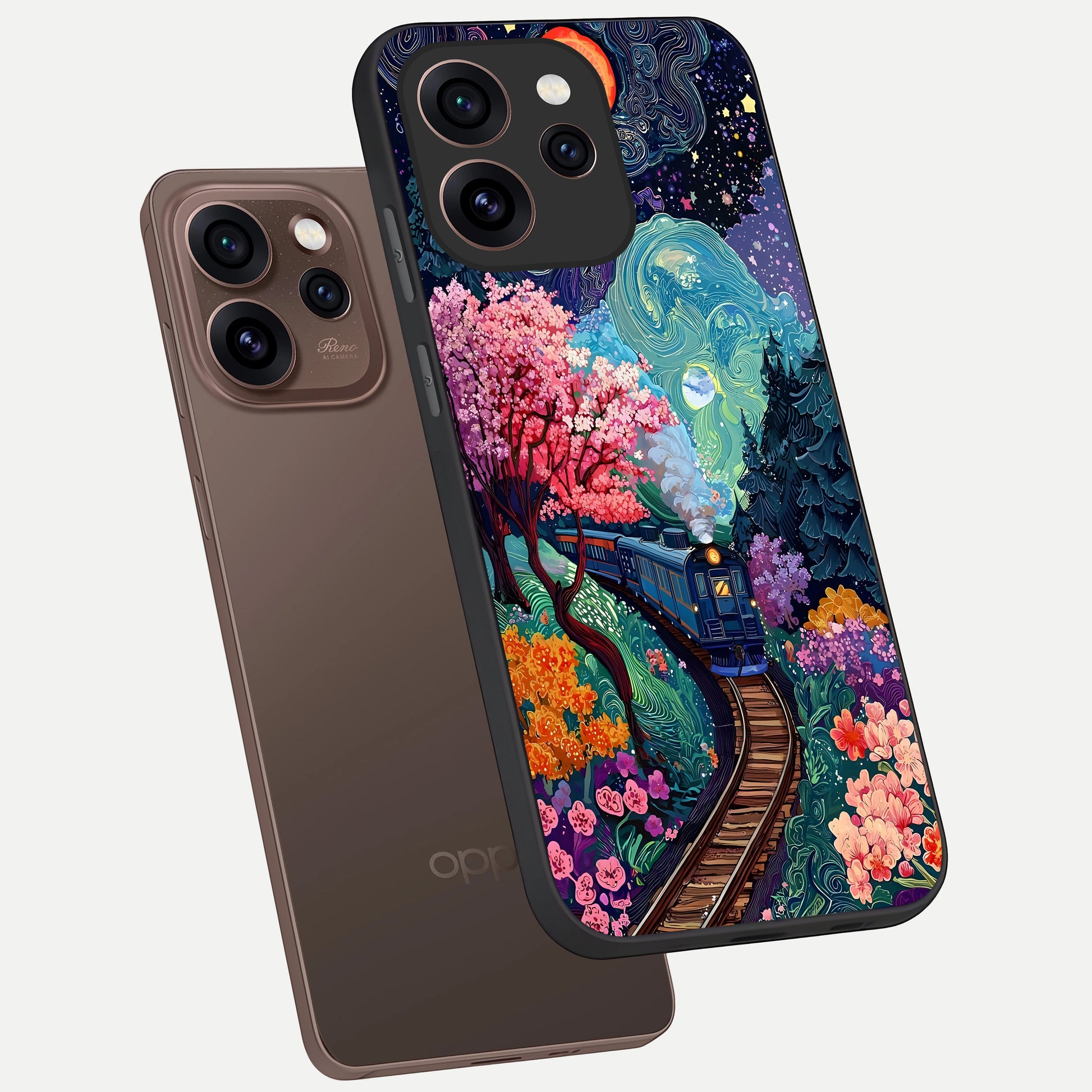  Celestial Train Journey phone case For Oppo Reno 15 Pro showing premium glass back cover with detailed artwork