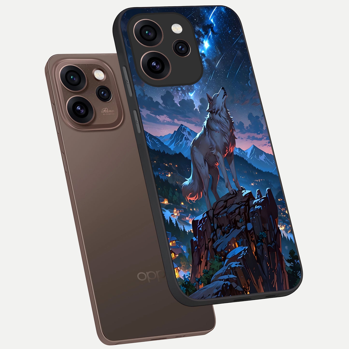  Celestial Wolf Howl phone case For Oppo Reno 15 Pro showing premium glass back cover with detailed artwork