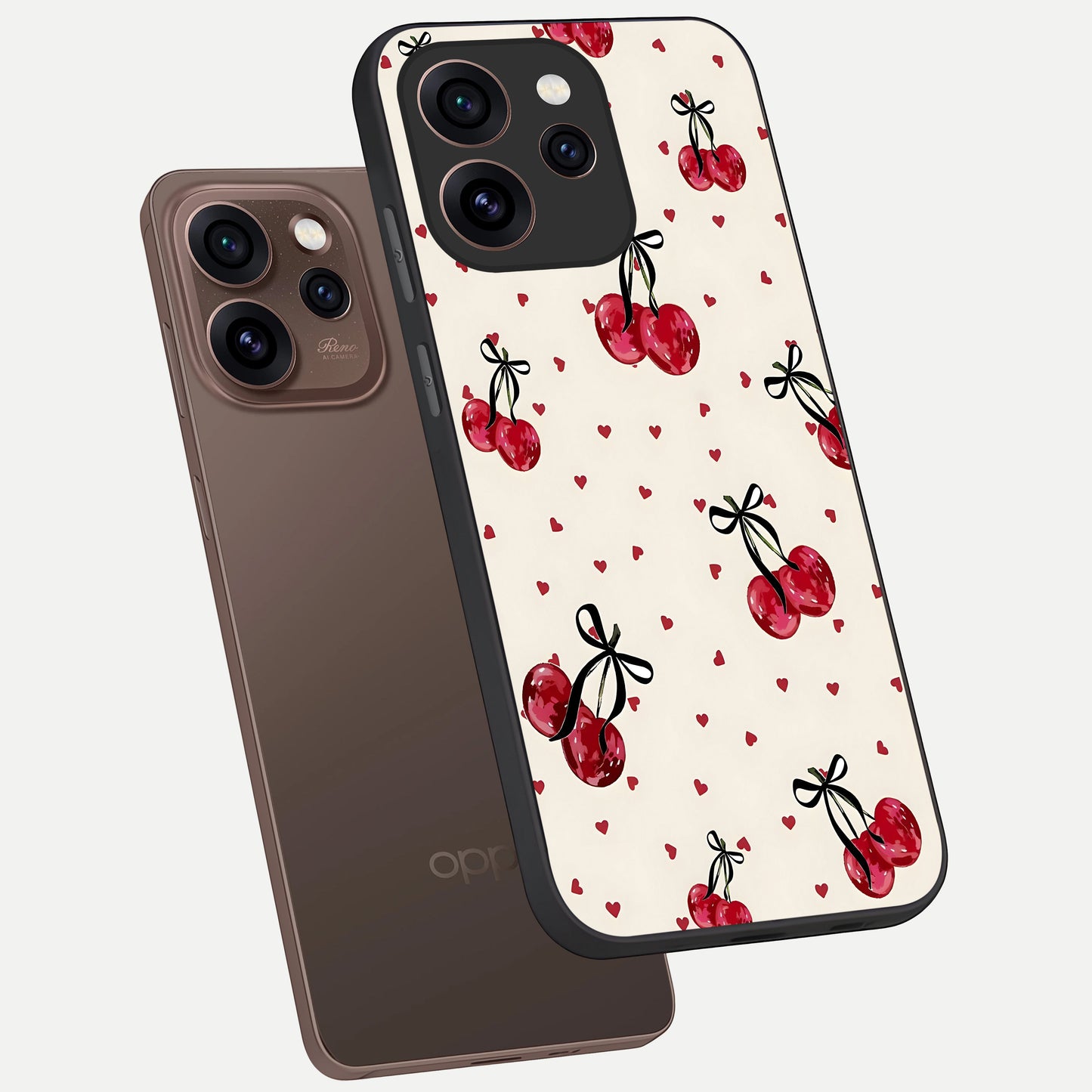  Cherry Heart Bow phone case For Oppo Reno 15 Pro showing premium glass back cover with detailed artwork