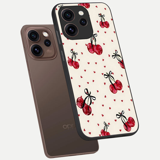  Cherry Heart Bow phone case For Oppo Reno 15 Pro showing premium glass back cover with detailed artwork
