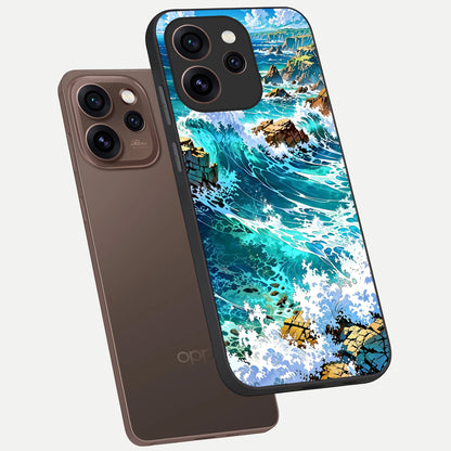  Coastal Blue Waves phone case For Oppo Reno 15 Pro showing premium glass back cover with detailed artwork