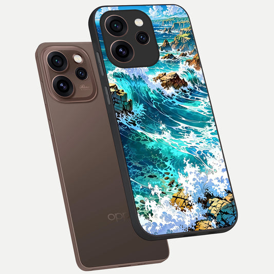  Coastal Blue Waves phone case For Oppo Reno 15 Pro showing premium glass back cover with detailed artwork