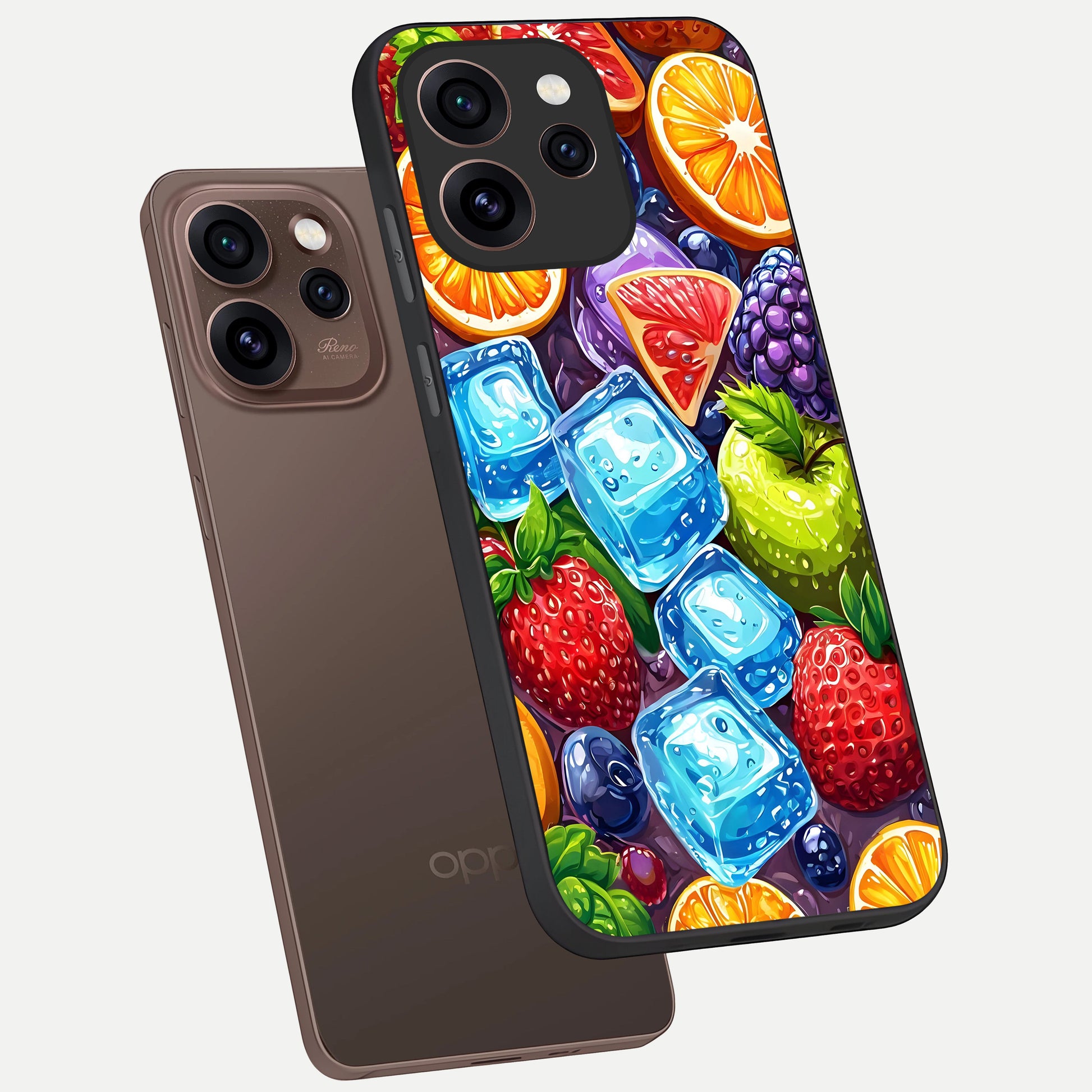  Colorful Fruits with Ice phone case For Oppo Reno 15 Pro showing premium glass back cover with detailed artwork