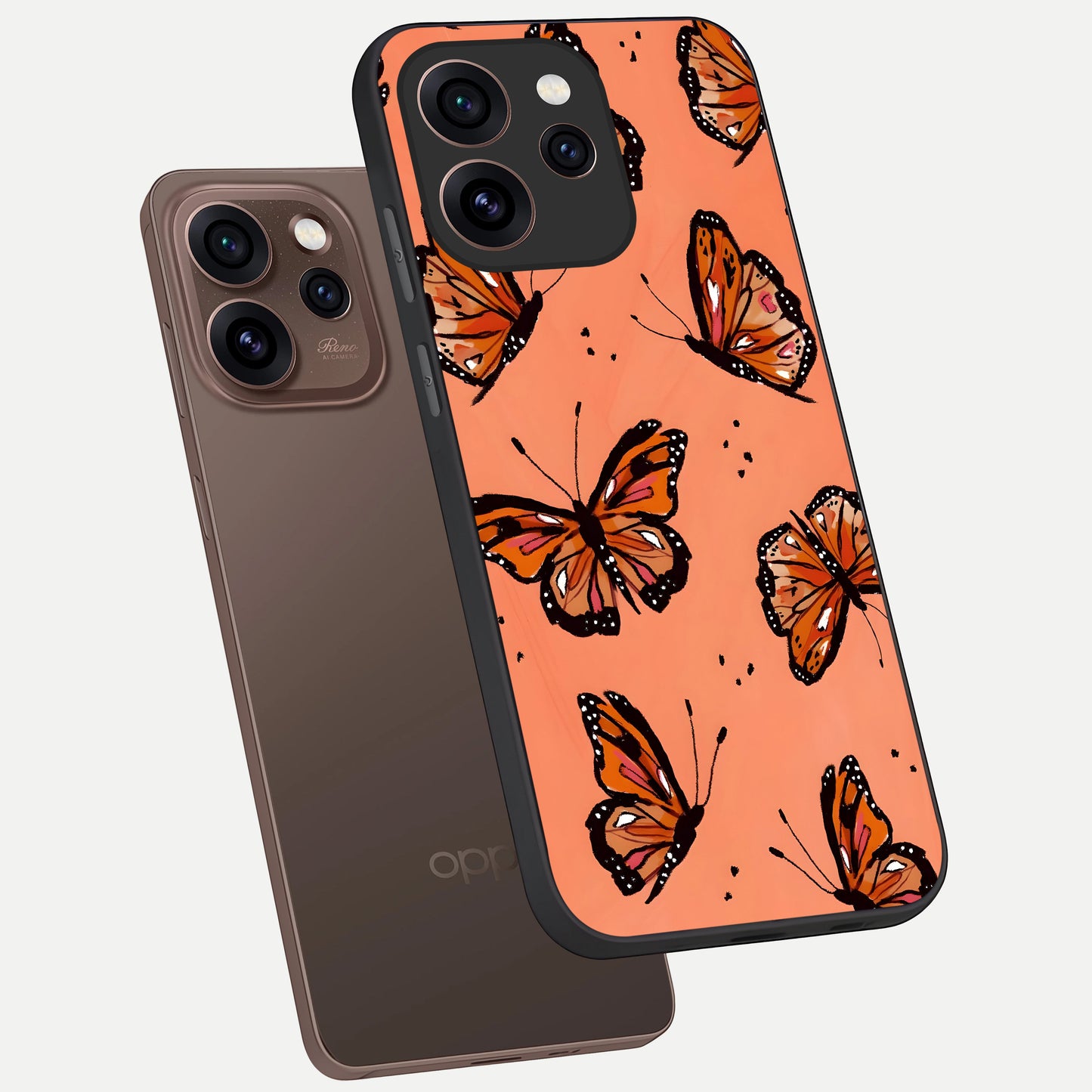  Coral Wing Butterfly phone case For Oppo Reno 15 Pro showing premium glass back cover with detailed artwork