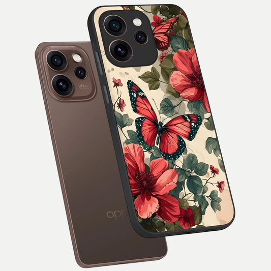  Crimson Butterfly Garden phone case For Oppo Reno 15 Pro showing premium glass back cover with detailed artwork