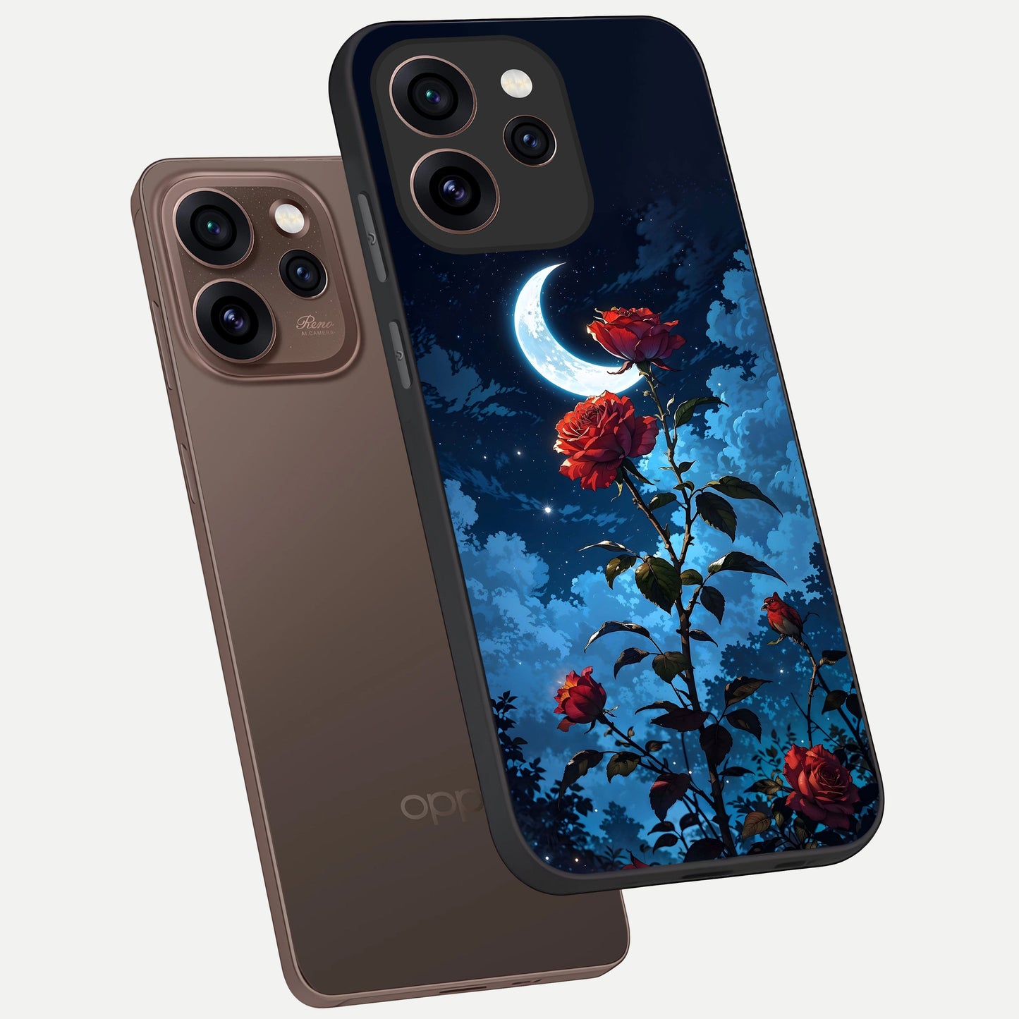  Crimson Rose Moon phone case For Oppo Reno 15 Pro showing premium glass back cover with detailed artwork