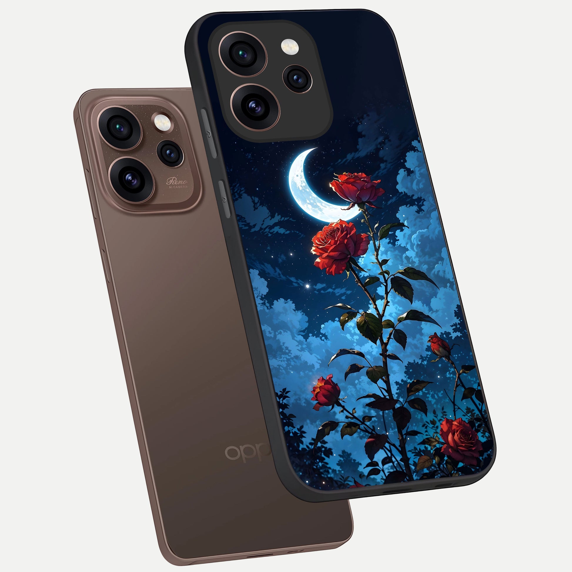  Crimson Rose Moon phone case For Oppo Reno 15 Pro showing premium glass back cover with detailed artwork