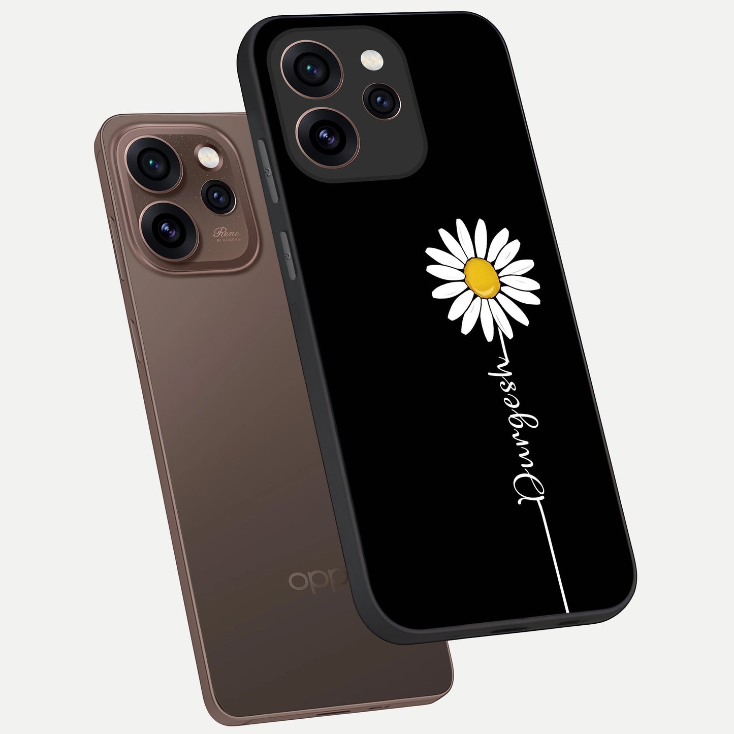  Custom Name White Flower phone case For Oppo Reno 15 Pro showing premium glass back cover with detailed artwork