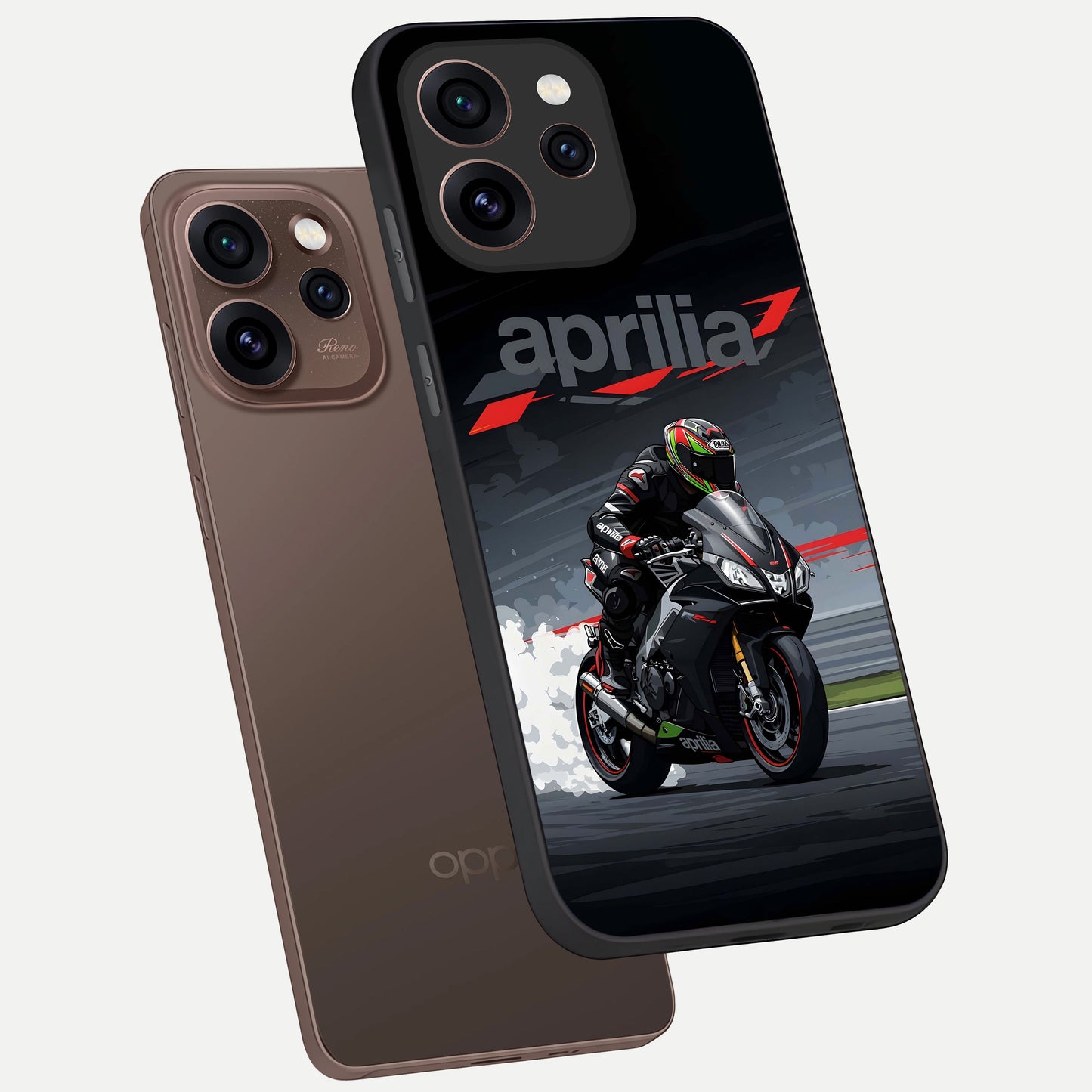  Dark Aprilla phone case For Oppo Reno 15 Pro showing premium glass back cover with detailed artwork