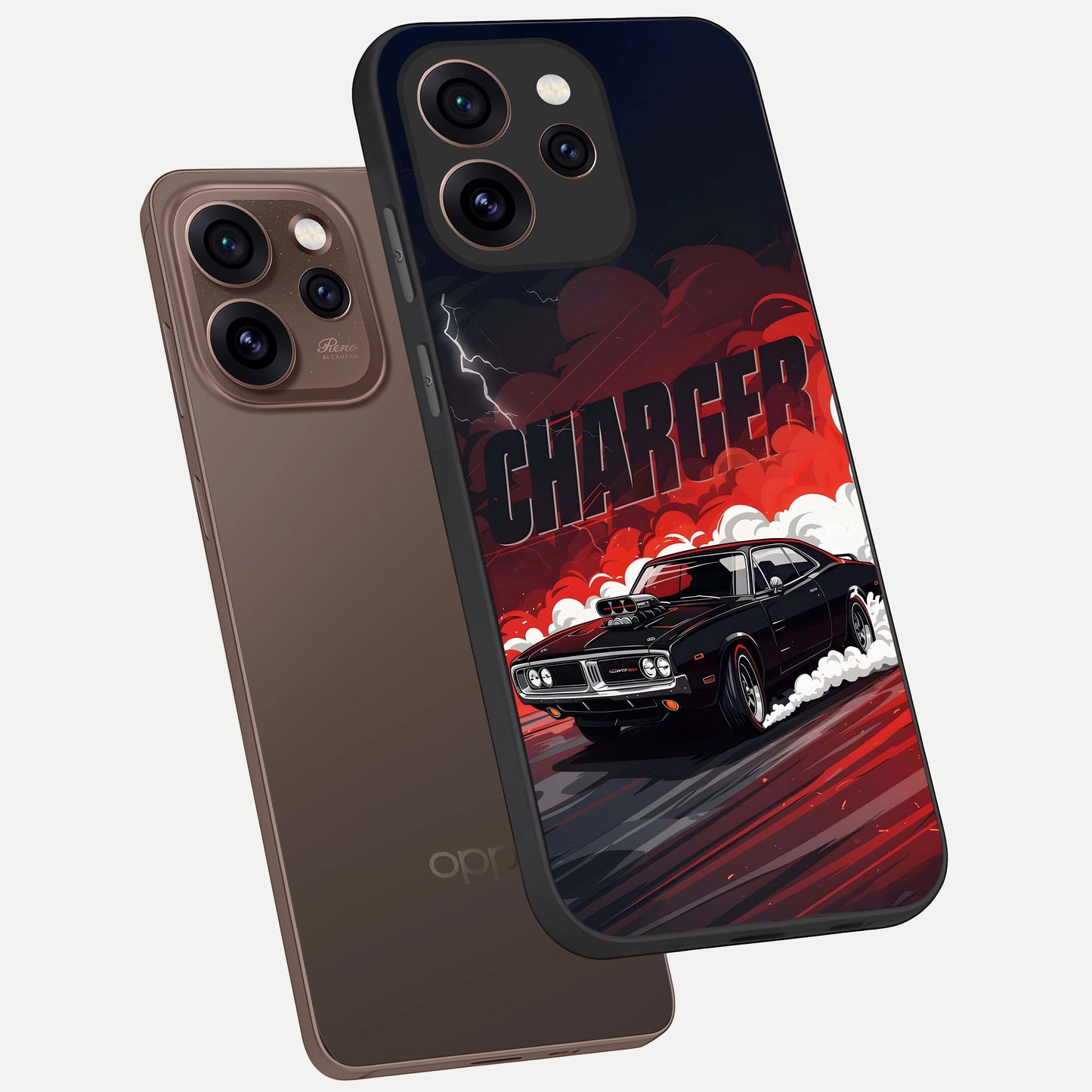  Dark Charger Fury phone case For Oppo Reno 15 Pro showing premium glass back cover with detailed artwork