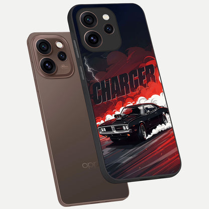 Dark Charger Fury phone case For Oppo Reno 15 Pro showing premium glass back cover with detailed artwork