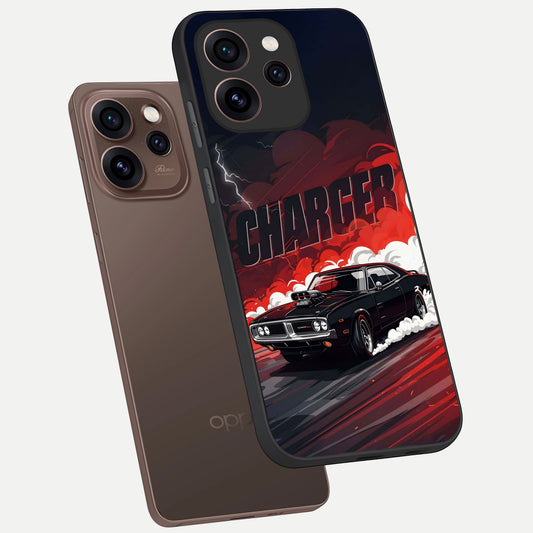  Dark Charger Fury phone case For Oppo Reno 15 Pro showing premium glass back cover with detailed artwork
