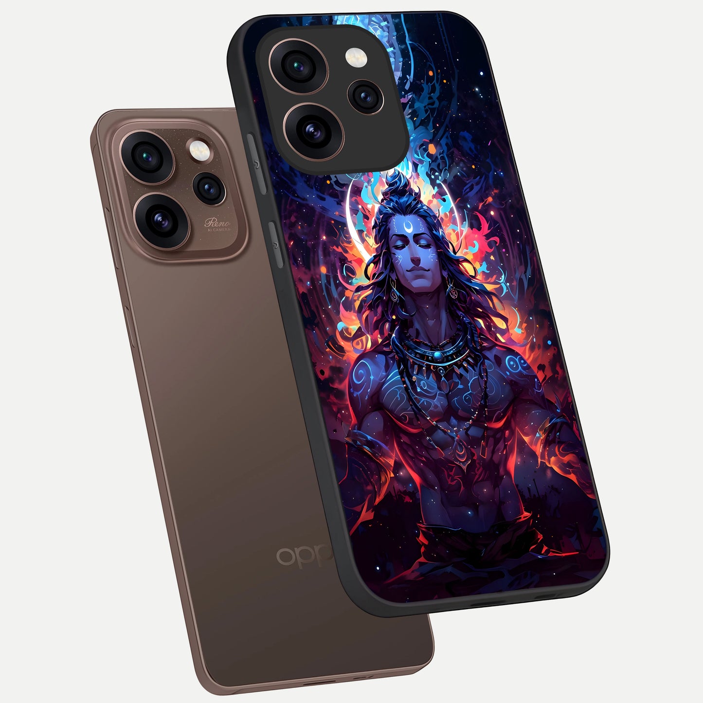 Divine Fire Shiv phone case For Oppo Reno 15 Pro showing premium glass back cover with detailed artwork