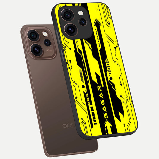  Electric Pulse CYBERPUNK Custom Name phone case For Oppo Reno 15 Pro showing premium glass back cover with detailed artwork