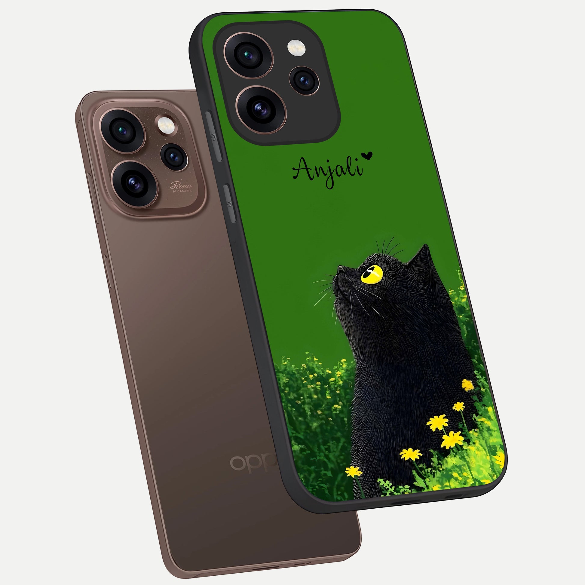  Emerald Cat Custom Name phone case For Oppo Reno 15 Pro showing premium glass back cover with detailed artwork