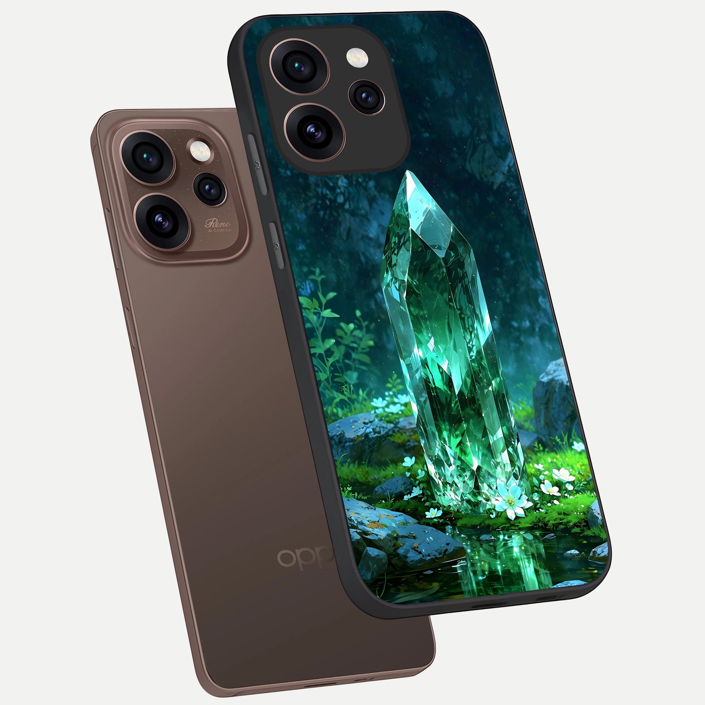  Emerald Light Crystal phone case For Oppo Reno 15 Pro showing premium glass back cover with detailed artwork