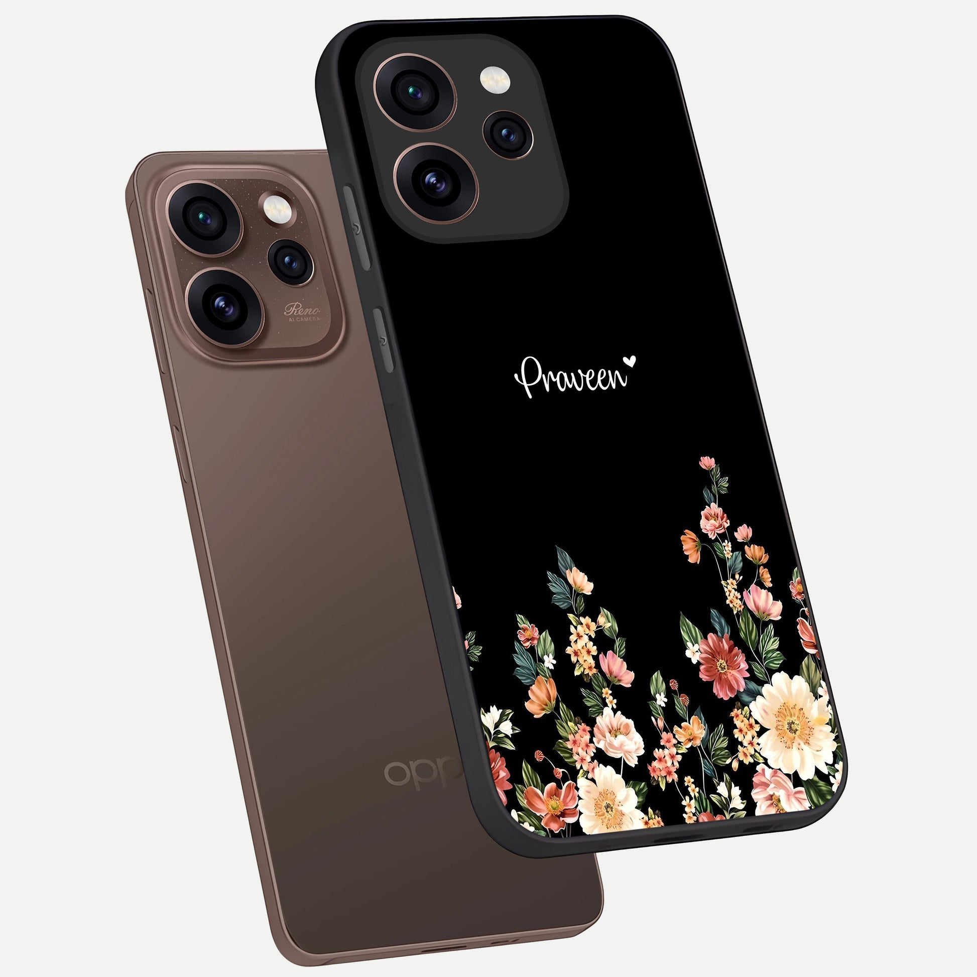  Floral Design Personalized Custom Name phone case For Oppo Reno 15 Pro showing premium glass back cover with detailed artwork