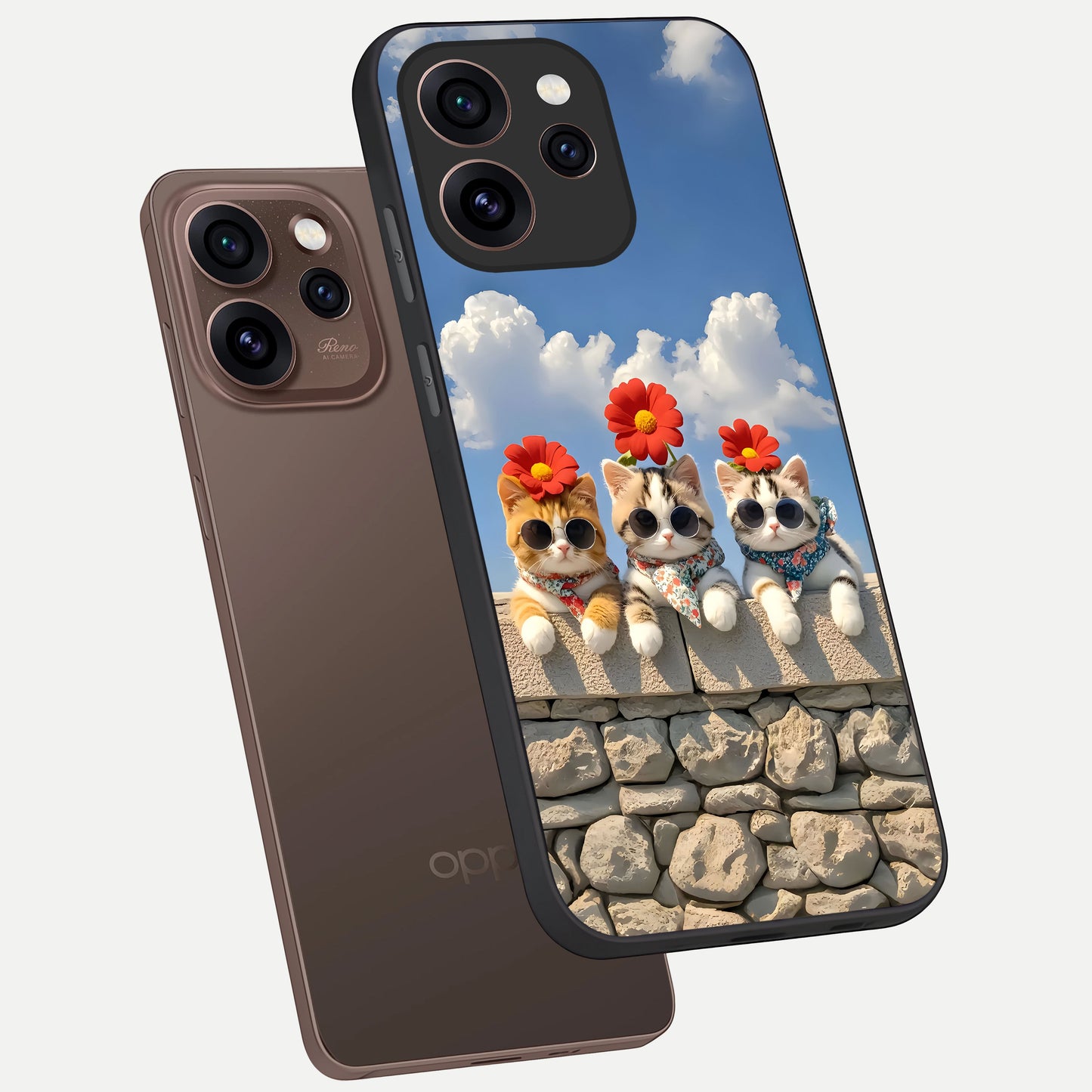  Floral Kitty Squad phone case For Oppo Reno 15 Pro showing premium glass back cover with detailed artwork