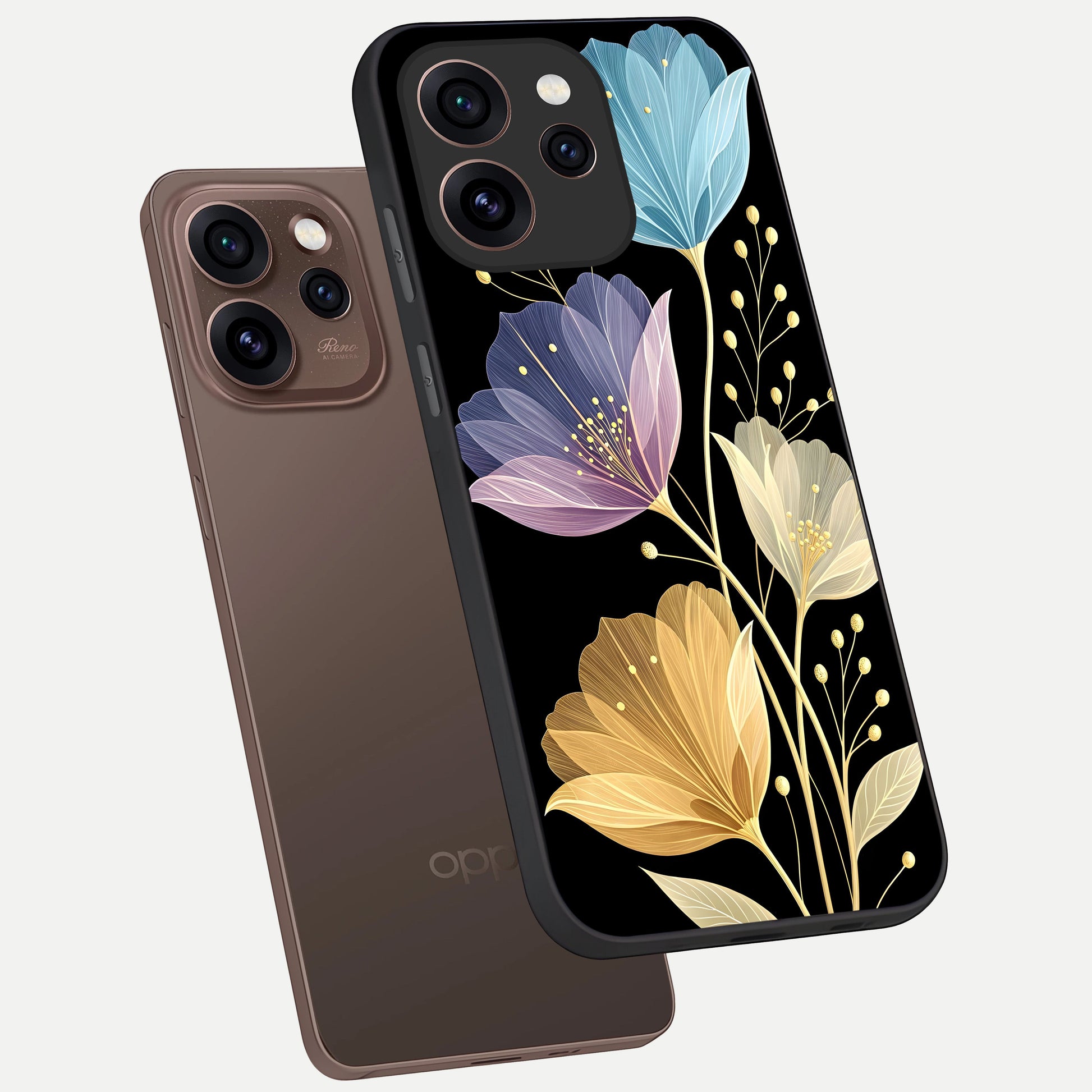  Flower Bloom Glow phone case For Oppo Reno 15 Pro showing premium glass back cover with detailed artwork