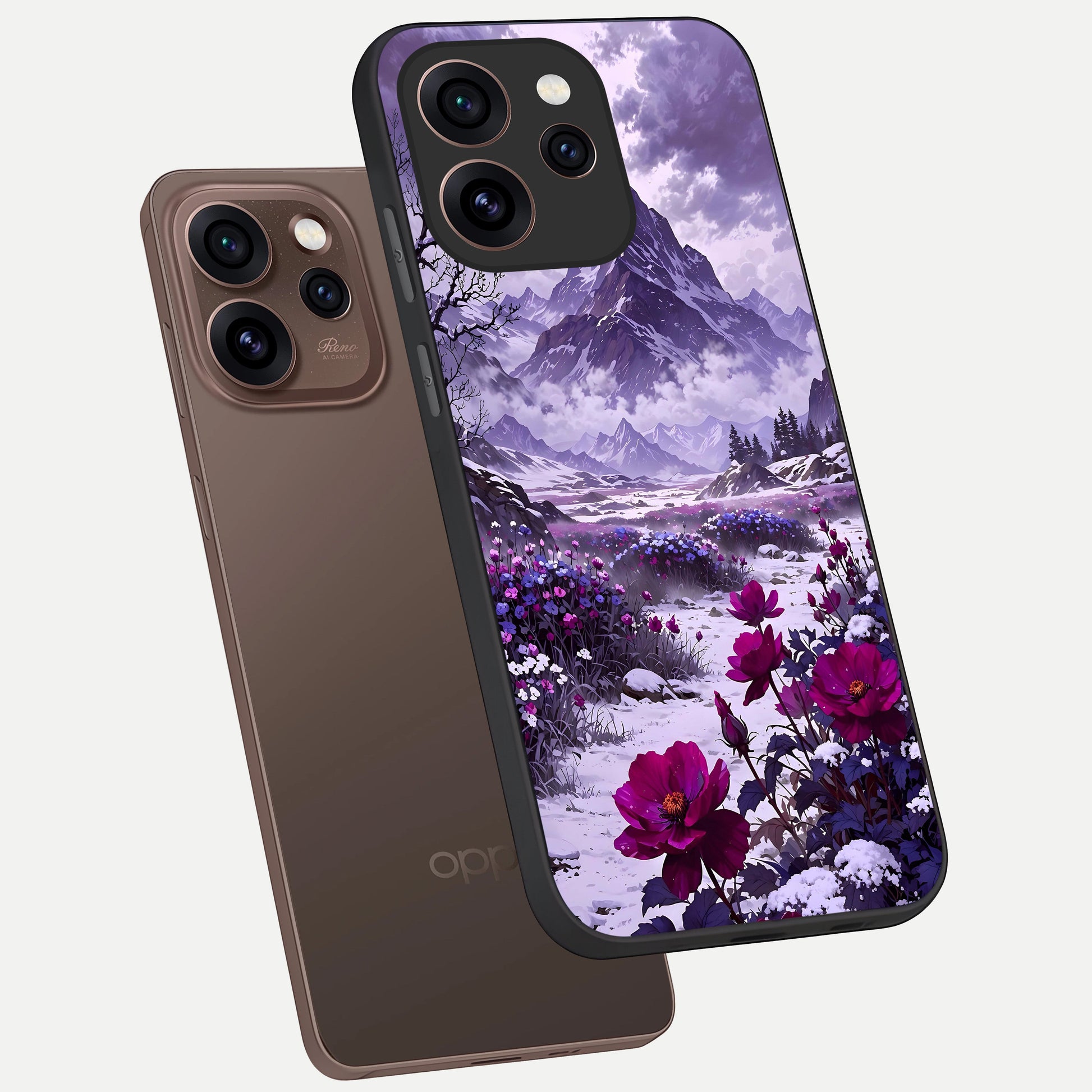  Flower Mountain View phone case For Oppo Reno 15 Pro showing premium glass back cover with detailed artwork